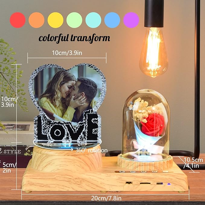 3D Crystal Photo, Heart-Shaped Love Photo Custom Night Light Personalized 3D Crystal Lamp with Bluetooth Rose Audio, Crystal Photo Frame Best Gift for Couple Love Women Men Wedding Christmas