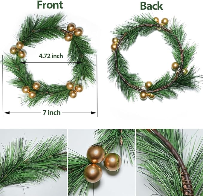 4pcs Christmas Candle Rings Wreaths Artificial Golden Berries Greenery Pine Needles Garland Christmas Wreath Candle Rings Holder for Wedding Christmas Table Centerpiece Home Dinner Table Decor
