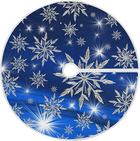 Christmas Blue Snowflakes Background Tree Skirt, Seasonal Tree Mat Holiday Party Supplies Ornaments Indoor Outdoor Decorations for Tabletop Trees 35.4 Inches