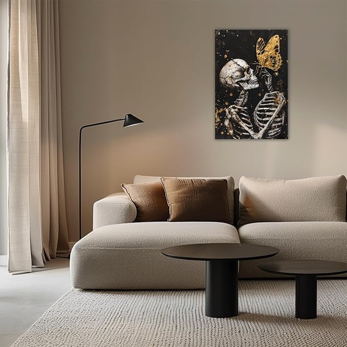 OAAPITI Skull Wall Art Skull and Gold Butterfly Canvas Print Abstract Modern Gothic Artwork for Bedroom Dark Art Decor(Artwork-7,16"x24")