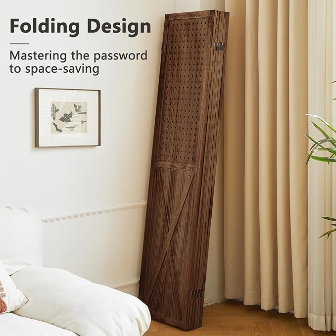 6 Panel Pegboard Room Divider, 5.6Ft Pegboard Display Folding Privacy Screens, Wood Room Divider Peg Board Display Freestanding for Trade Show Craft Show Home Wall Organizer, Brown