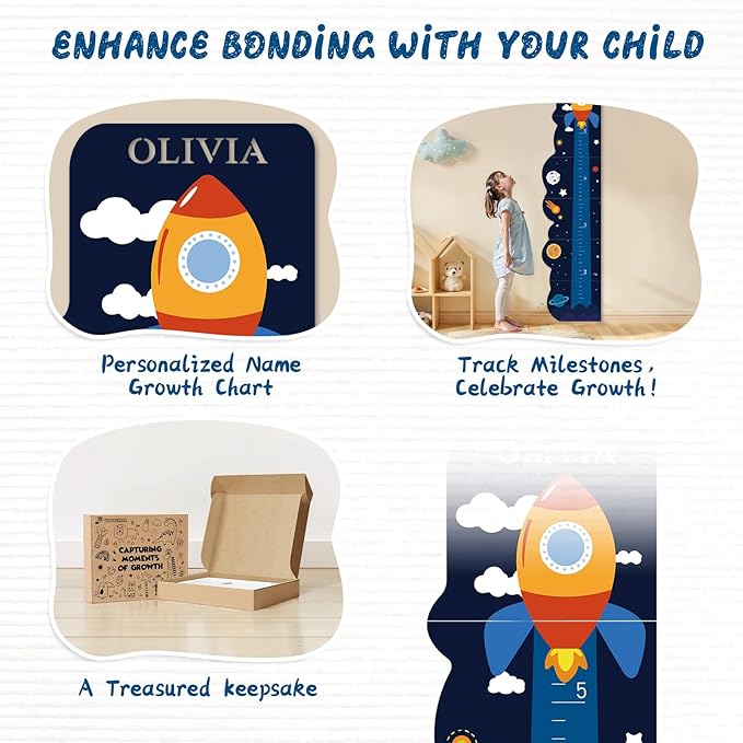 Personalized Name Growth Chart for Wall, Rocket Wood Height Chart for Kids, Height Measurement for Wall, Boy Girls Height Wall Chart Growth Measuring Ruler, Toddler Playroom Decor