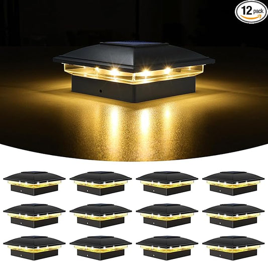 VOLISUN Solar Post Cap Light Outdoor Waterproof 12pack,Solar Fence - Post Lights for 4x4 5x5 6x6 Wooden/Vinyl Post,Black Deck Post Cap Light Solar Powered with Warm White for Garden/Patio/Porch