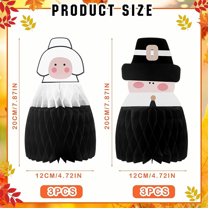 6 Pcs Fall Centerpiece Table Decorations Pilgrimage Couple Centerpiece Thanksgiving Table Decor 3D Paper Pilgrim Honeycomb Standing Decorations for Autumn Harvest Party Kitchen Home Decor