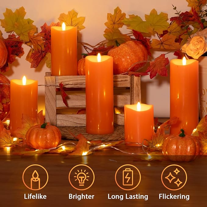 Outdoor Flameless Candles with Remote Timer - Waterproof Realistic Flickering LED Pillar Electric Battery Operated Fake Candle for Halloween Holiday Home Fireplace Decor - Orange 2 Pack (6"6")