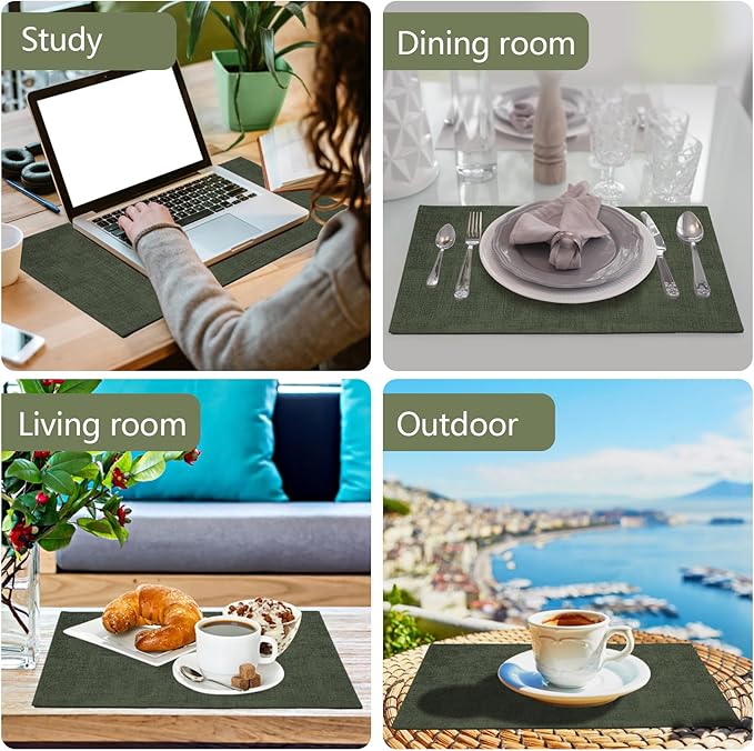 Faux Leather Placemats Set of 6,Heat Resistant Placemats for Dining Table, Easy Clean Non-Slip Place Mats, Waterproof Stain Resistant Wipeable Washable PU Table Mats, (Dark Green)