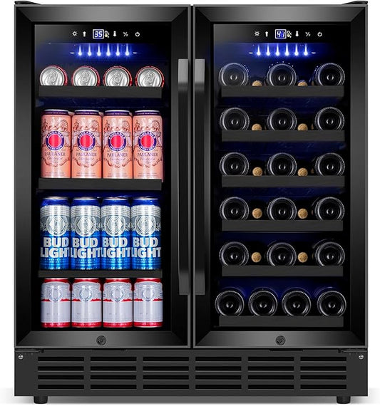 30'' Wine and Beverage Refrigerator, Upgrade Dual Zone Wine Cooler, 30 Inch Wine beverage Fridge Built in or Freestanding Under Counter Large Capacity Glass Door Advanced Cooling System,Black