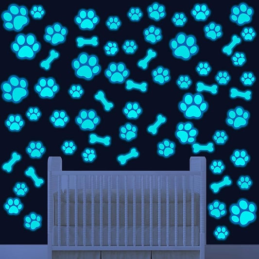 127 Glow in The Dark Dog Paw Stickers Luminous Removable Vinyl Wall Decals for Kids Nursery Bedroom(Blue Light)