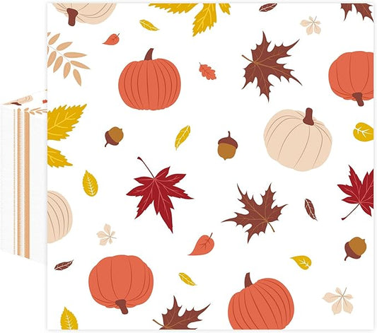 50 Pcs Fall Napkins 5 x 5 inch, 3 Ply Pumpkin Maple Leaves Paper Napkins Disposable Holiday Cocktail Napkins for Dinner Bathroom Autumn Thanksgiving Party Decorations (Fall)