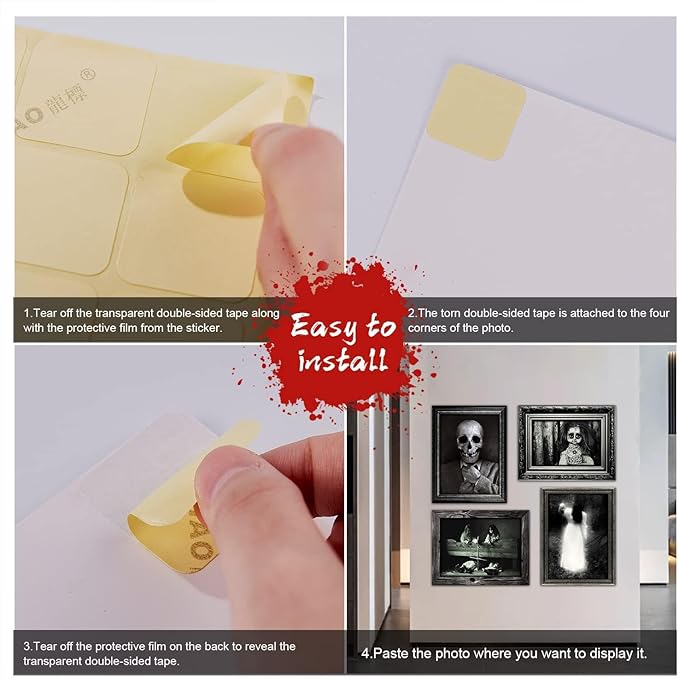 15 Halloween Gothic Creepy Skull Photos Haunted Horror Picture Frame, Waterproof Durable, with 80pcs Self Adhesive Dots，Creepy Photo Decoration For Haunted Family Castle Masquerade Party Black