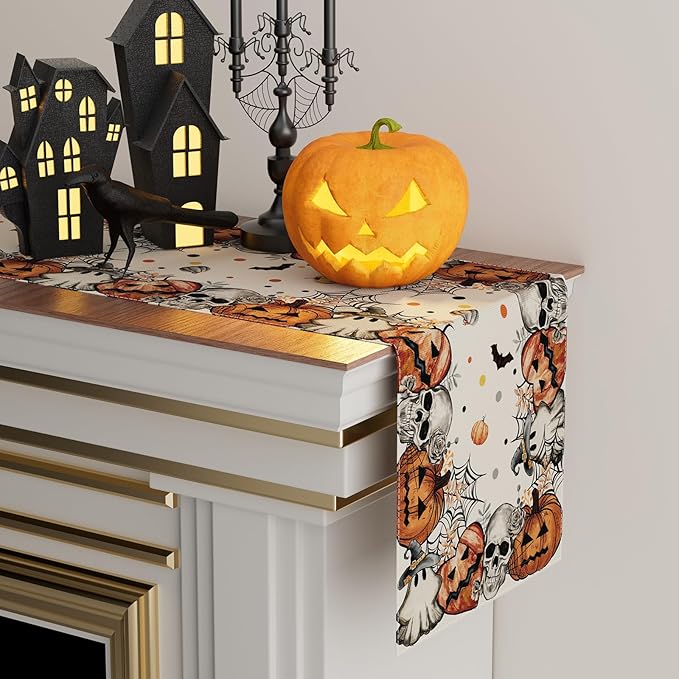XCHI Spooky Skeleton Ghost Pumpkin Halloween Table Runner Party Table Decoration for Home Kitchen Dining Holiday Decor 13x36 Inch