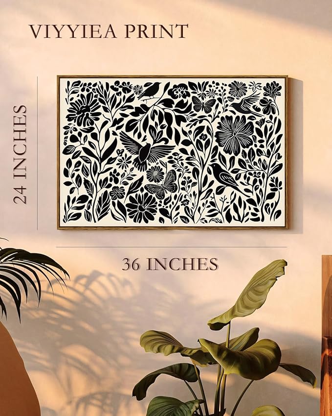 VIYYIEA Framed Canvas Wall Art, Black and White Large Wall Art for Living Room, Print Paintings, Boho Home Office Decor, Bedroom Wall Decor -【Flowers & Birds】-(24"x36")