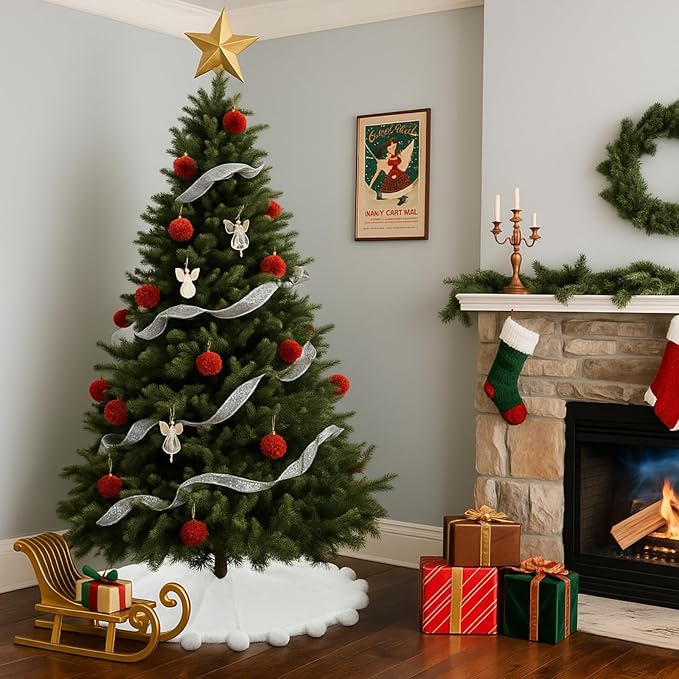 36 Inch Christmas Faux Fur Tree Skirt, White Plush Tree Skirt with Pom-pom Christmas Party Holiday Decorations for Home Indoor Outdoor Xmas Decor Supplies