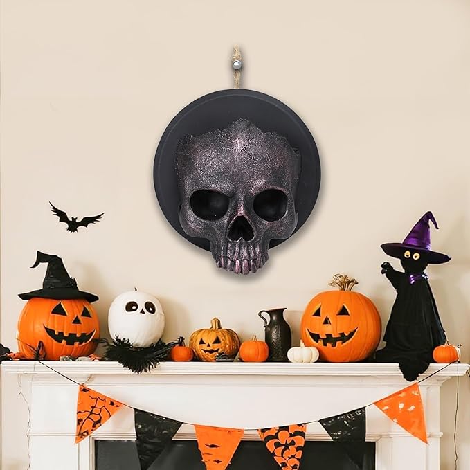 Ovewios Halloween Skull Decorations, Gothic Skeleton Head Hanging Wall Decor, Resin Creepy Skull Led Lights for Indoor Halloween Party Home Decorations