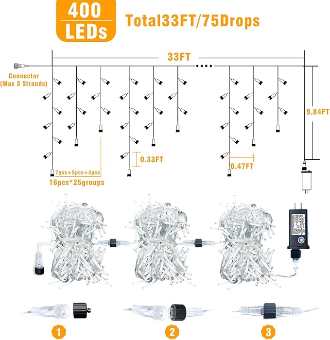 Red White and Blue Lights for 4th of July Decor, 33ft Icicle Lights for Outside Independence Day Decoration, 400 LED Christmas Light Outdoor Indoor with 120 Drops Clear Wire Connectable for Holiday