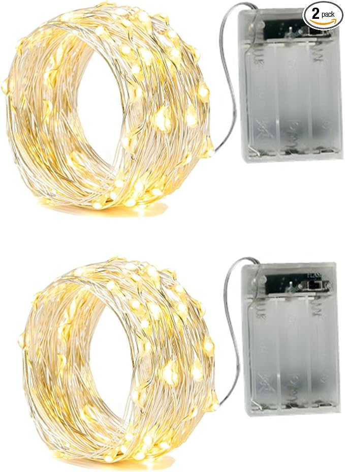 2 x 50LEDs Fairy Lights Battery Operated, Silver Wire 2 Mode Chains String Lights for Bedroom Christmas Party Decoration (Warm White, 16.4)