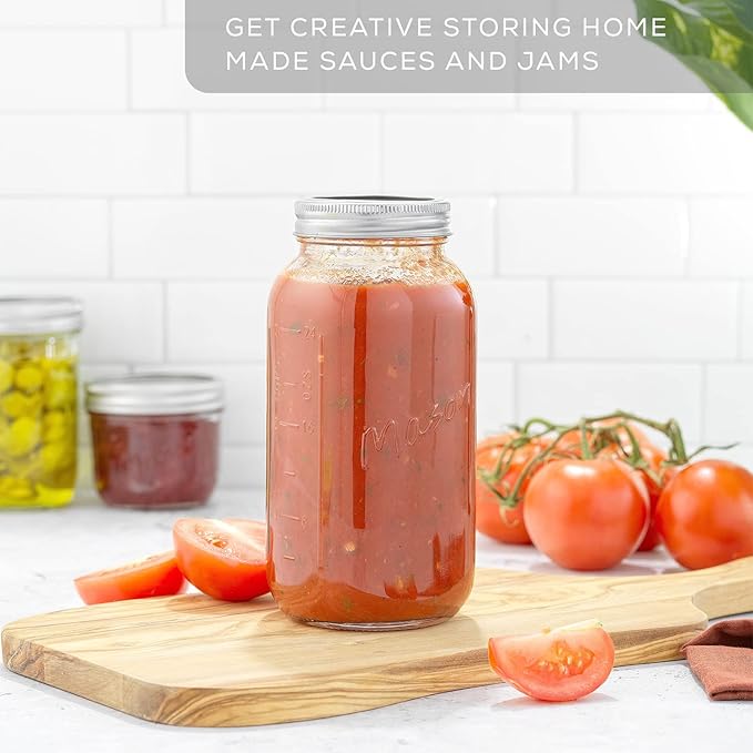 32 Oz Mason Jars With Lids, Labels and Measures! 6-Pack Wide Mouth Mason Jars, Glass Jar with Lid and Band. Airtight Canning Jars, Overnight Oats Jars, Salad Jars, Sourdough Starter Jar