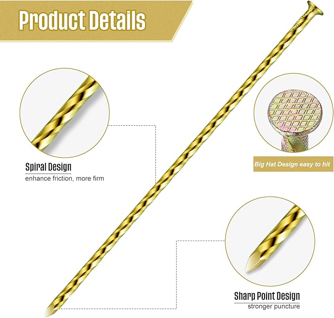 200 Pcs Metal Nails 8 Inch Artificial Spikes Galvanized Spiral Landscape Stakes Edging Spikes Garden Stakes for Fake Landscaping Grass Ground Lawn(Gold)