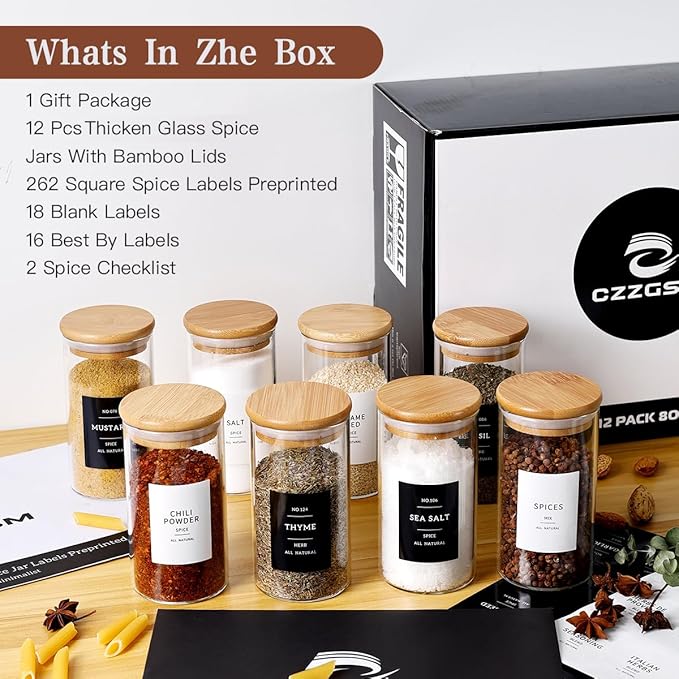 12 Pcs Glass Spice Jars With 296 Spice Labels Preprinted of White and Black Color- 10oz Thicken(2.4mm) Spice Containers With Bamboo Airtight Lids - Empty Small Herb Seasoning Jars