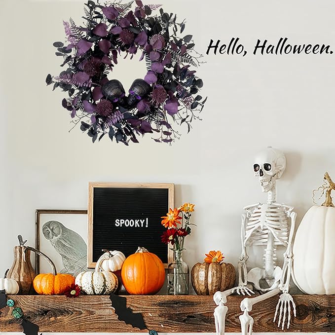 20" Halloween Wreaths for Front Door, Black Glitter Skulls Purple Eucalyptus Leaves Halloween Horror Decor, Gothic Party Room Decoration