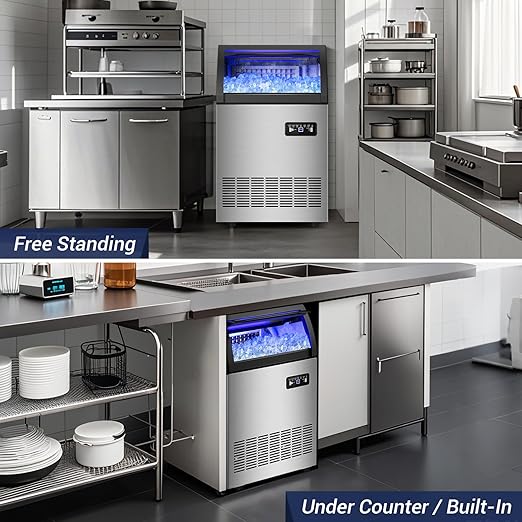 220LBS Commercial Ice Maker Machine - 72PCS Ice Cubes per Round, Undercounter/Freestanding Ice Machine, 55LBS Ice Storage Capacity for Home Bar and Outdoor, Stainless Steel Self-Cleaning