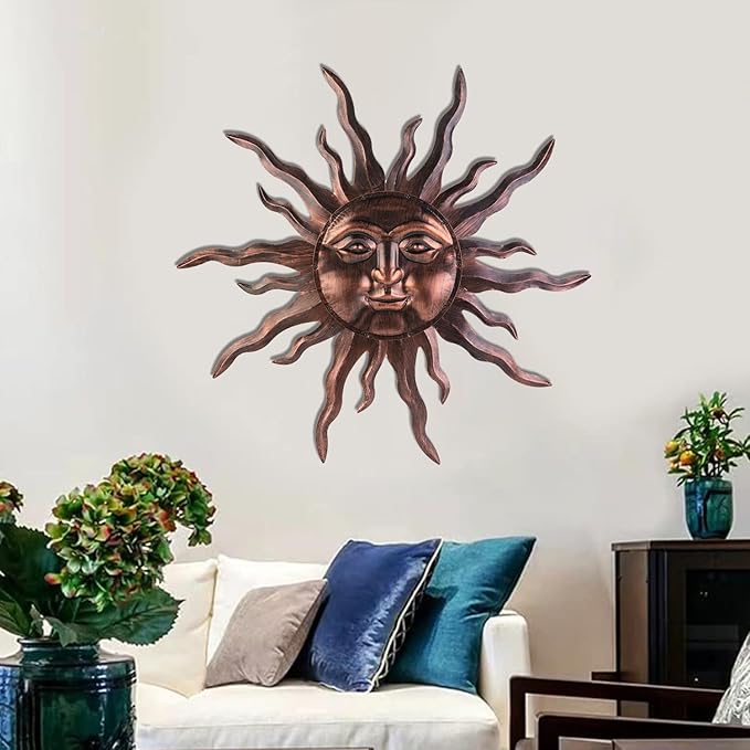 VZVXCC Large Metal Sun Wall Art Decor- 30 inches Sun Wall Hanging Decoration for Indoor Outdoor, 3D Sunshine Face Metal Wall Sculpture for Home Bedroom Living Room Office Garden Yard Patio(Bronze)