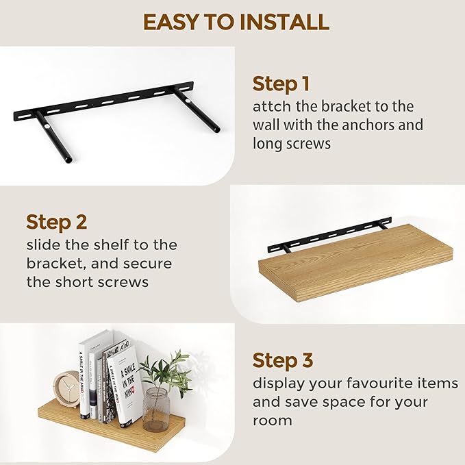 Rustic Wood Floating Shelves 32 Inch Long, 9 Inch Deep Wall Shelves for Home Decor, 32 x 9 Floating Shelf Wall Mounted Set of 2, Deep Floating Shelves for Kitchen, Bedroom, Living Room, Oak Color