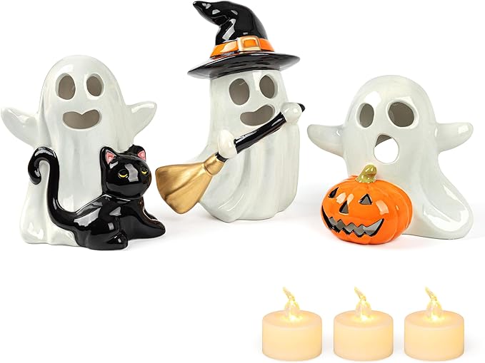 AELS Ceramic Happy Ghost with 3 Tea Lights, Spooky Candle Holder Set of 3, Tabletop Indoor Halloween Decorations for Holiday Party Home, Spooky Sculptures Ghost Figurines, Smoke White