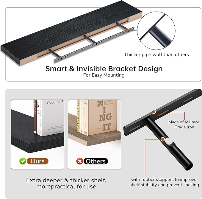 Floating Shelves - 10.3 Inch Deep Wall Shelf for Decor & Storage - Wall Mounted Display Shelving with Invisible Heavy-Duty Metal Bracket - 48" W x 10.3" D x 1.8" H - Set of 1 - Rustic Black