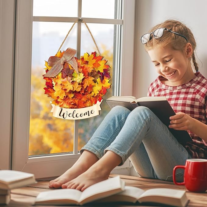 Boao Fall Welcome Door Sign Maple Leaves Hanging Decor Thanksgiving Wooden Sign Autumn Decorations Pumpkin Maple Leaves Wood Hanger for Outdoor Farmhouse Front Porch