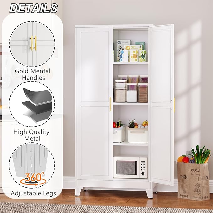 Metal Pantry Cabinet with 2 Doors and Adjustable Shelves - 61" Kitchen Storage Cabinet with Gold Handles - Versatile Storage for Kitchen, Bathroom, Dining Room, Utility Room - White