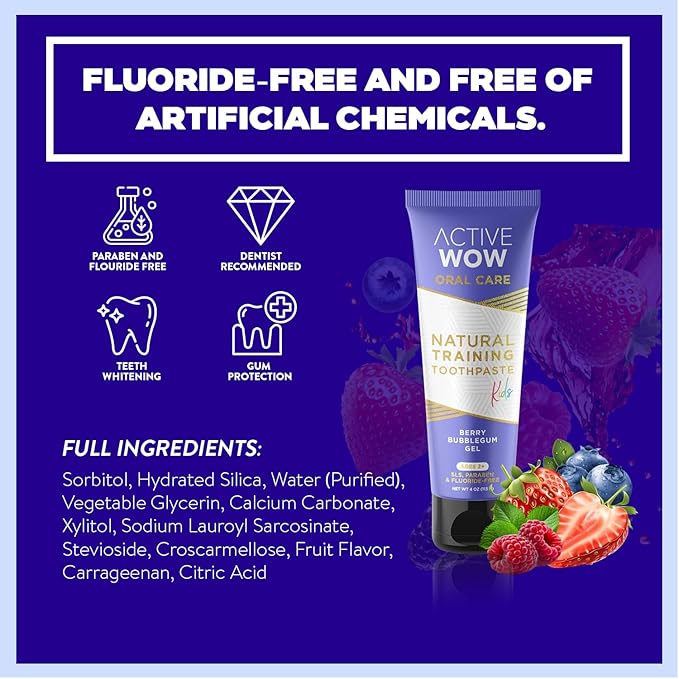Active Wow Training Toothpaste – Fluoride-Free, Toddler-Safe, Gentle, Vegan, Safe to Swallow – Berry Bubblegum, 1 Pack