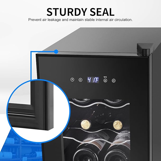 Wine Cooler Refrigerator 12 Bottles, Small Wine Fridge Mini Wine Fridge Countertop with Glass Door Wine Cellars for Red Wine, Champagne, Dry White Wine, Sparkling Wines