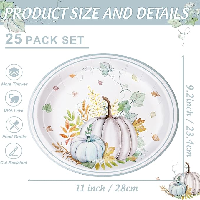 25 Pcs Fall Paper Plates Large 9" X 11" Thanksgiving Pumpkins Maple Leaf Disposable Autumn Dinnerware for Harvest Thanksgiving Party Decorations