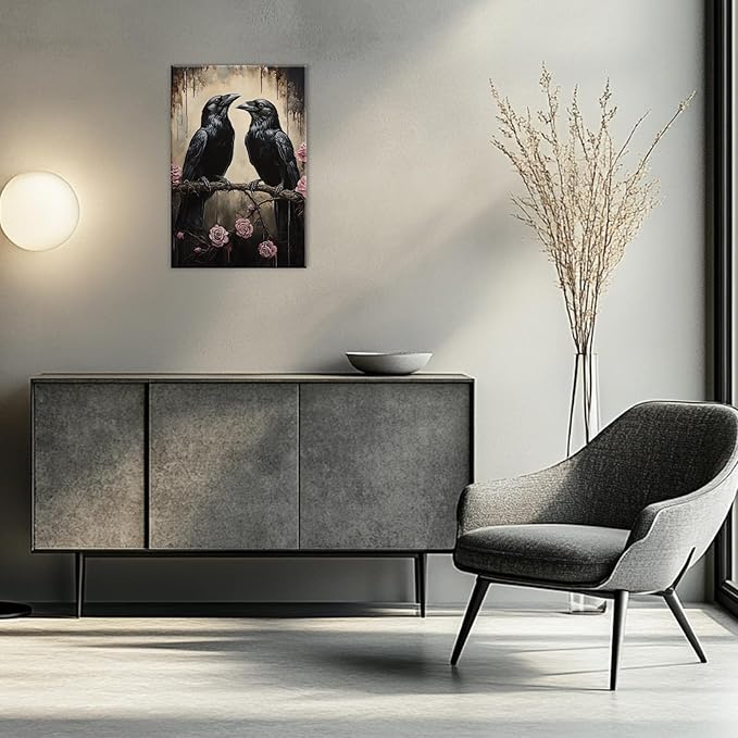 OAAPITI Crow Canvas Wall Art Black Raven Picture Print Pink Rose Poster Vintage Gothic Painting Artwork for Living Room Halloween Decor(Artwork-6,24"x36")