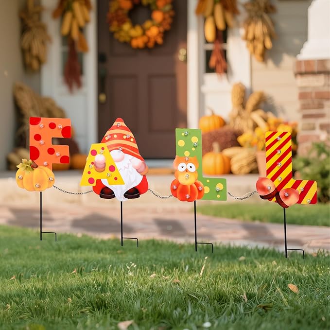 WONDER GARDEN Fall Yard Stakes Yard Signs, 4 Pack Metal Thanksgiving Lighted Garden Stakes, Gnome Sign with LED Lights for Harvest,Outdoor, Lawn,Farmhouse Decorations