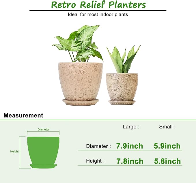 8 Inch + 6 Inch Retro Ceramic Planter Set of 2 with Drainage Hole and Saucer for Multiple Plants, Indoor-Outdoor Garden Pots for Succulent, Orchid, and Flower (Retro Peach)