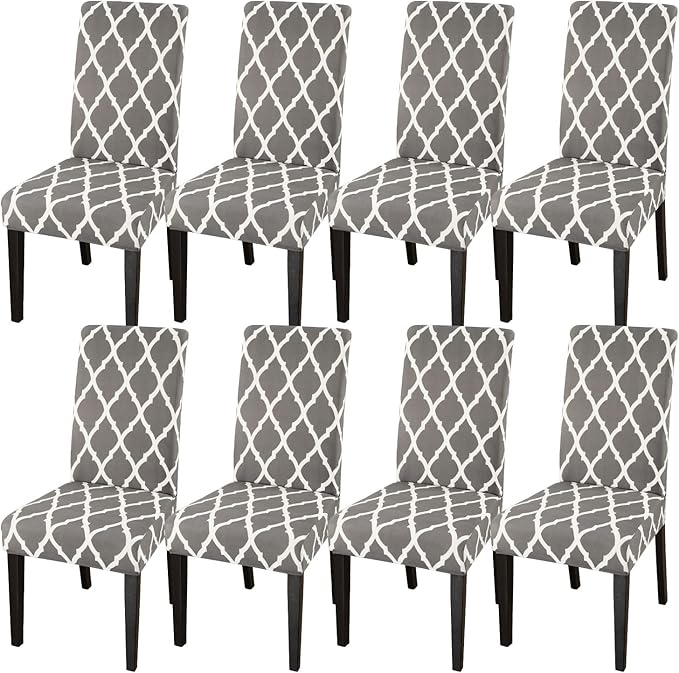 JQinHome Dining Room Chair Covers Set of 8, High Stretch Chair Slipcover Removable Washable Chair Seat Protector Cover for Home Party Hotel Wedding Ceremony (Grey White)