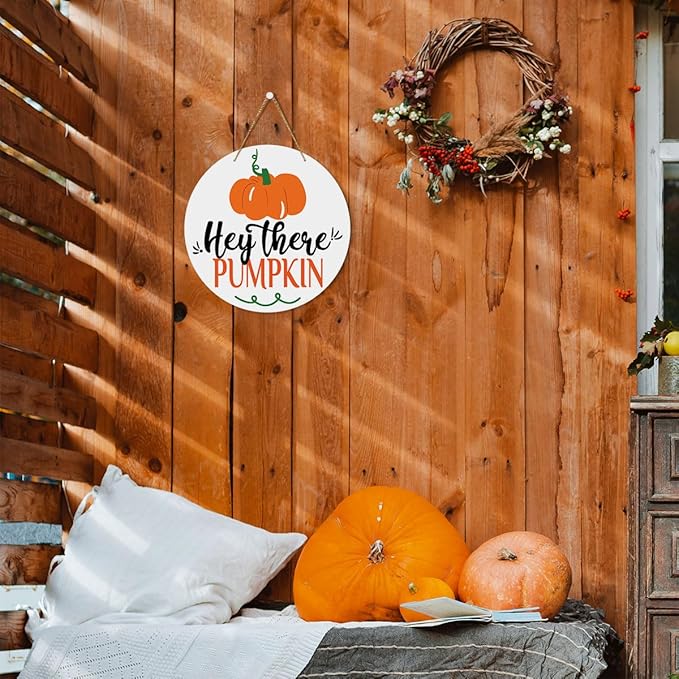 MIGUMUTU Cute Farmhouse Fall Signs Door Wall Hanging Decor, Fall Room Home Decor, Hey There Pumpkin Sign, Fall Sign Autumn Pumpkin Wall Decor Decoration for Home Office 12 X 12 Inch