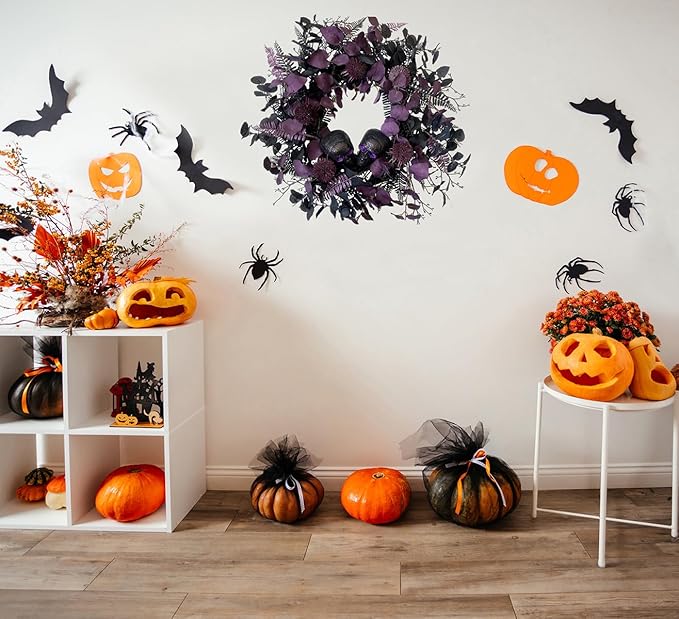20" Halloween Wreaths for Front Door, Black Glitter Skulls Purple Eucalyptus Leaves Halloween Horror Decor, Gothic Party Room Decoration