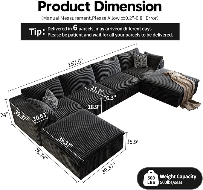 157.5" Cloud Couch Oversized Modular Sectional Sofa for Living Room,Modern Sofa with Deep Seat，U-Shape Boneless Couch with 2 Ottoman,Comfy Upholstered Couches for Apartment, Studio, Office,Black