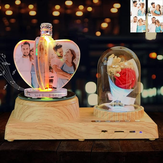 3D Crystal Photo, Personalized 4 Photos-Color Print Picture, Crystal Night Light Family Baby Mother Lover Daddy Day Gift, Rotating Windmill Rose Ornament lamp