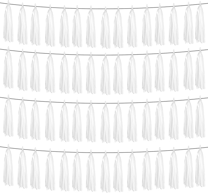 4P White Foil Fringe Metallic Tassel Streamers Banner Tassel Garland for Parade Floats, Graduation, Wedding, Birthday, Halloween, Christmas, Bridal/Baby Shower Party Decorations