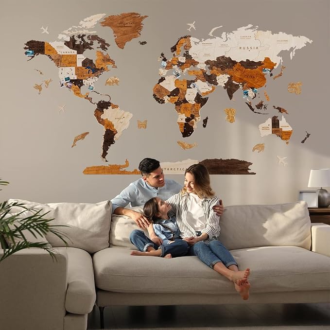 HYPERI Multilayered 3D Wooden World Map Wall Decor, Wood Art Wall Decor, Mapa Mundi Para Pared, World Maps and Push Pins, Valentine's Day Gifts For Dad, Mom, Boss, Husband, Wife (Large)