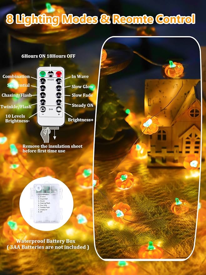 Fall Decorations 3D Pumpkin Fairy Lights Battery Operated with Remote, 10ft 30LED Fall Orange String Lights 8 Modes, Twinkle Light Waterproof Outdoor Indoor for Thanksgiving Harvest Halloween Decor