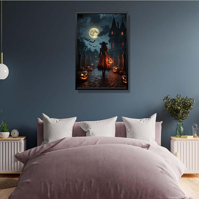 JFHCQJPK Halloween theme poster moonlit autumn night witch vintage poster art print dark college style gothic painting canvas wall decoration bedroom living room ideal gift16x24in Metal blackFramed