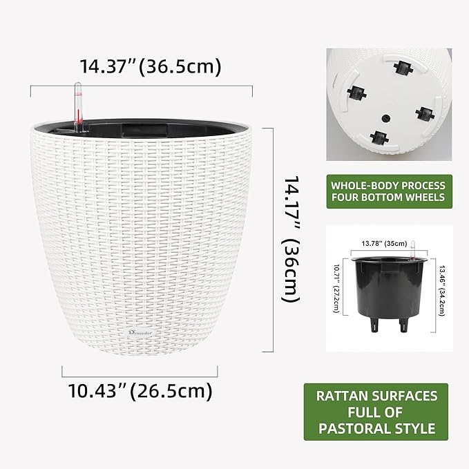 Dexceder 15x14 Rattan Self Watering Planter with Wheels Indoor Outdoor, Inner Pot Design, Thickened Large Floor Standing Flower Plant Pot with Water Level Indicator (Ivory White)