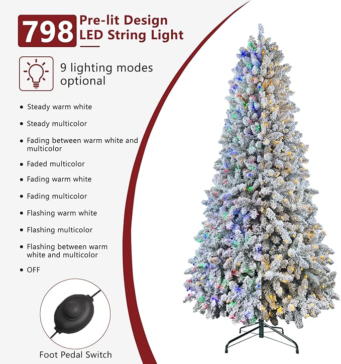 7.5ft Pre-lit Artificial Snow Flocked Christmas Tree with Quick Power Connect, 798 Warm White & Multi-Color LED Lights, and 1869 Branch Tips – Easy 3-Minute Setup Pencil Xmas Tree