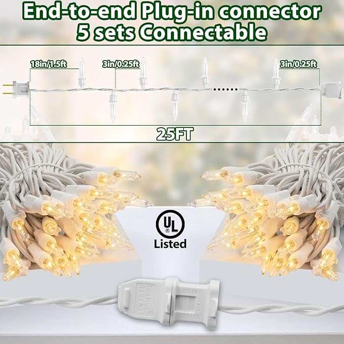 Clear Christmas Lights 25FT 100 Incandescent Bulbs Warm White Mini Lights with White Wire for Christmas Tree, Garland, Thanksgiving, Wedding, Party, Home, Indoor & Outdoor Festival Decoration