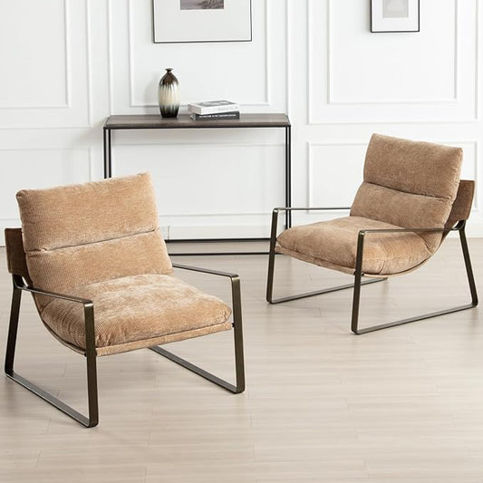 DUOMAY Mid-Century Accent Chairs Armchair Set of 2, Comfy Chenille Leisure Chairs Lazy Chairs with Brozen Metal Leg for Living Room Bedroom Office Apartment, Khaki